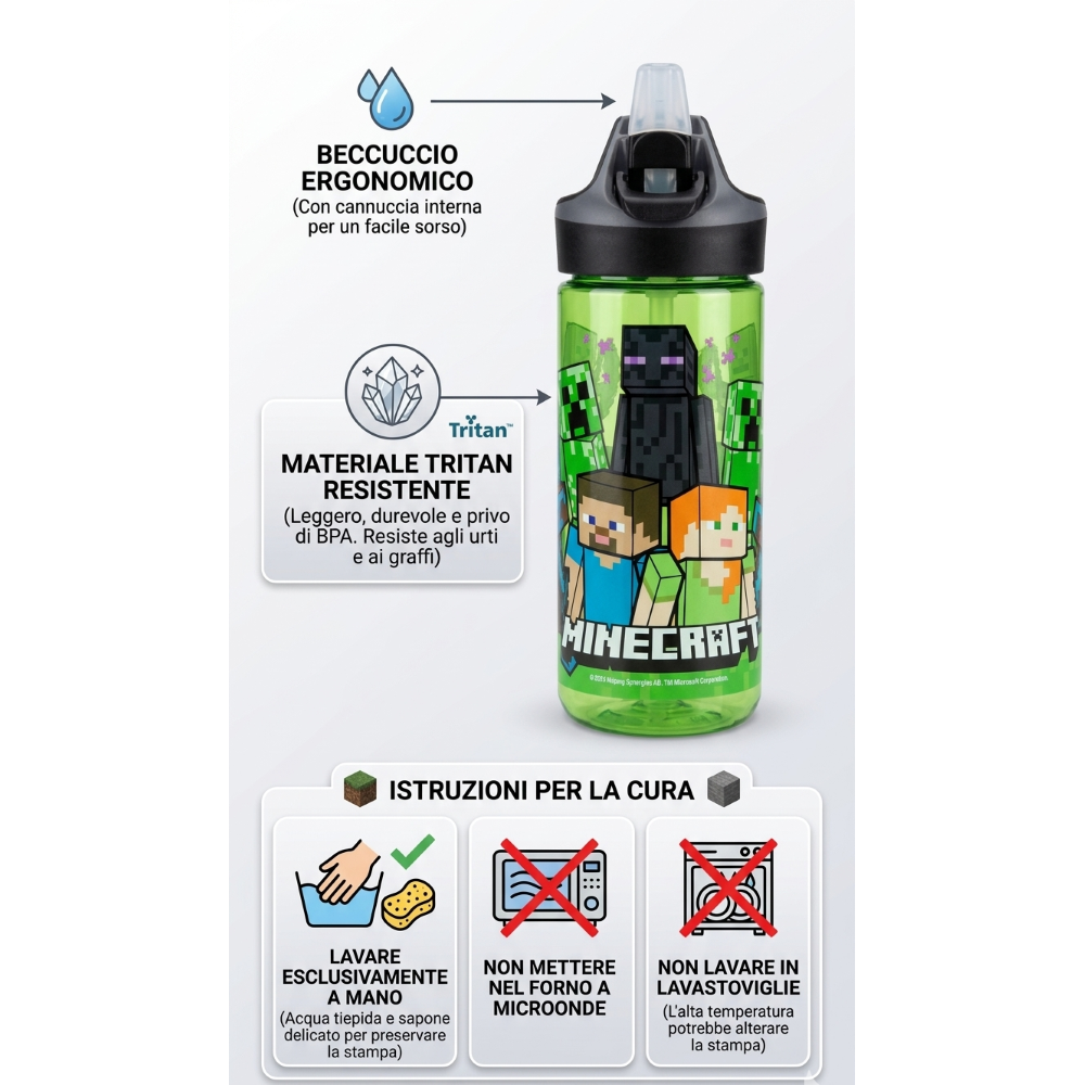 BORRACCIA TRITAN MINECRAFT BOTTIGLIA 620 ML CON APERTURA POP-UP - 86699