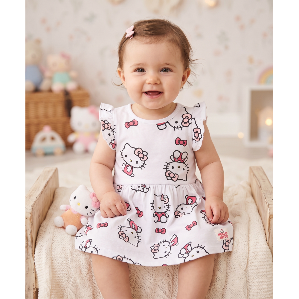 ABITO HELLO KITTY SANRIO SMANICATO NEONATA VESTITINO SCAMICIATA IN COTONE - EZ00016BIANCO