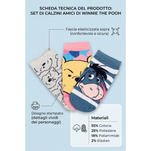 CALZINI WINNIE THE POOH DISNEY IN MISTO COTONE 3 PAIA ASSORTITI ADULTO 36/41 - EZ39002/2