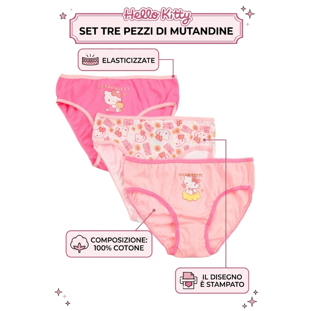MUTANDINE SET 3 PEZZI HELLO KITTY SANRIO SLIP IN COTONE IN SCATOLA 3/8 ANNI- EZ30044