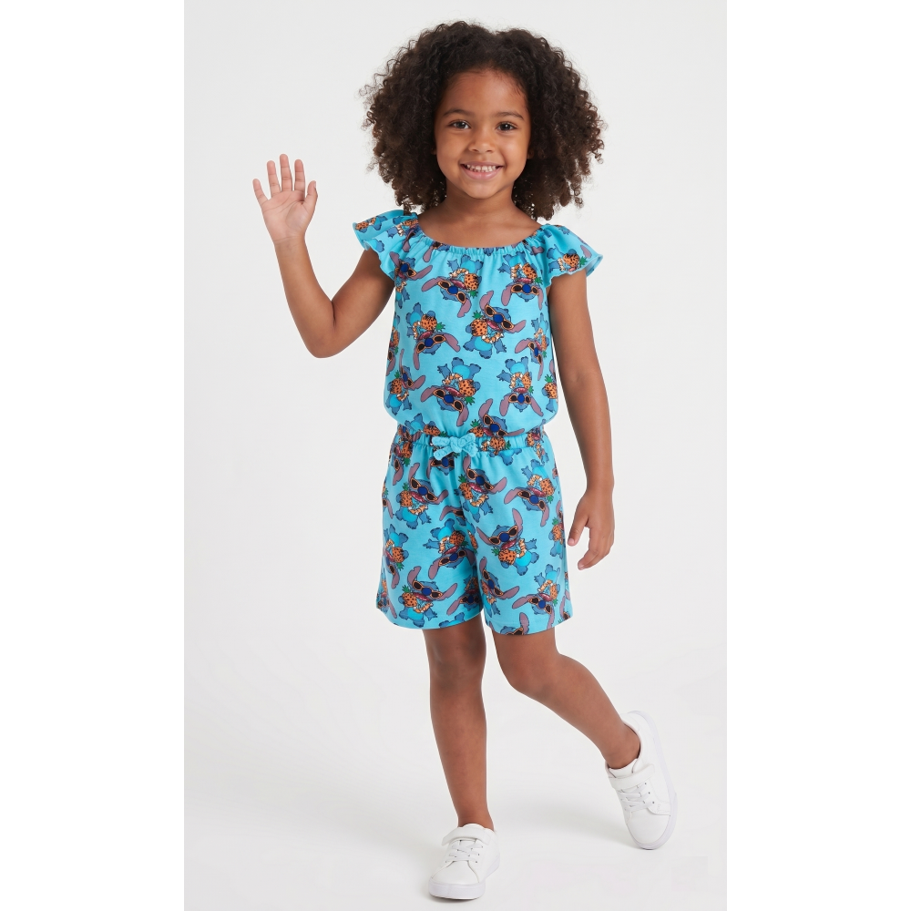 TUTINA CORTA STITCH DISNEY BAMBINA COMPLETO CON VITA ELASTICA IN COTONE - EZ10069AZZURRO