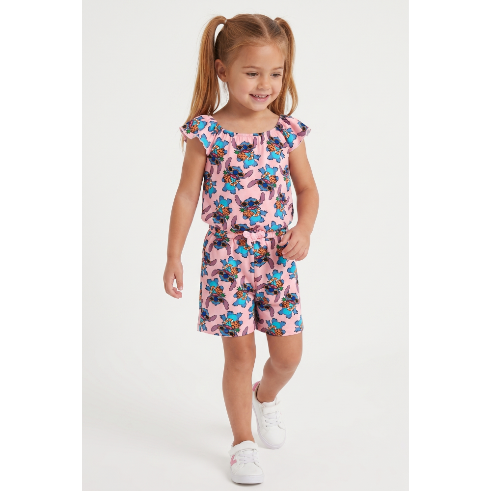 TUTINA CORTA STITCH DISNEY BAMBINA COMPLETO CON VITA ELASTICA IN COTONE - EZ10069ROSA