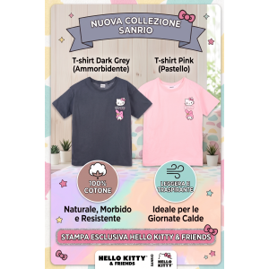 T-SHIRT HELLO KITTY & FRIENDS SANRIO MANICHE CORTE MAGLIETTA 100% COTONE BAMBINA RAGAZZA - EZ16023GRIGIO