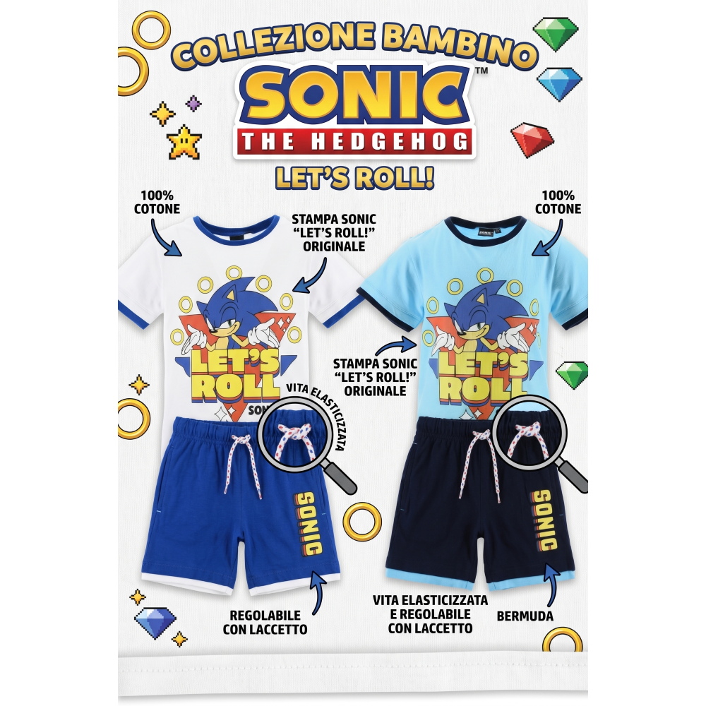 COMPLETO SONIC THE HEDGEHOG 2 PEZZI T-SHIRT E BERMUDA IN COTONE BAMBINO - EZ10226AZZURRO