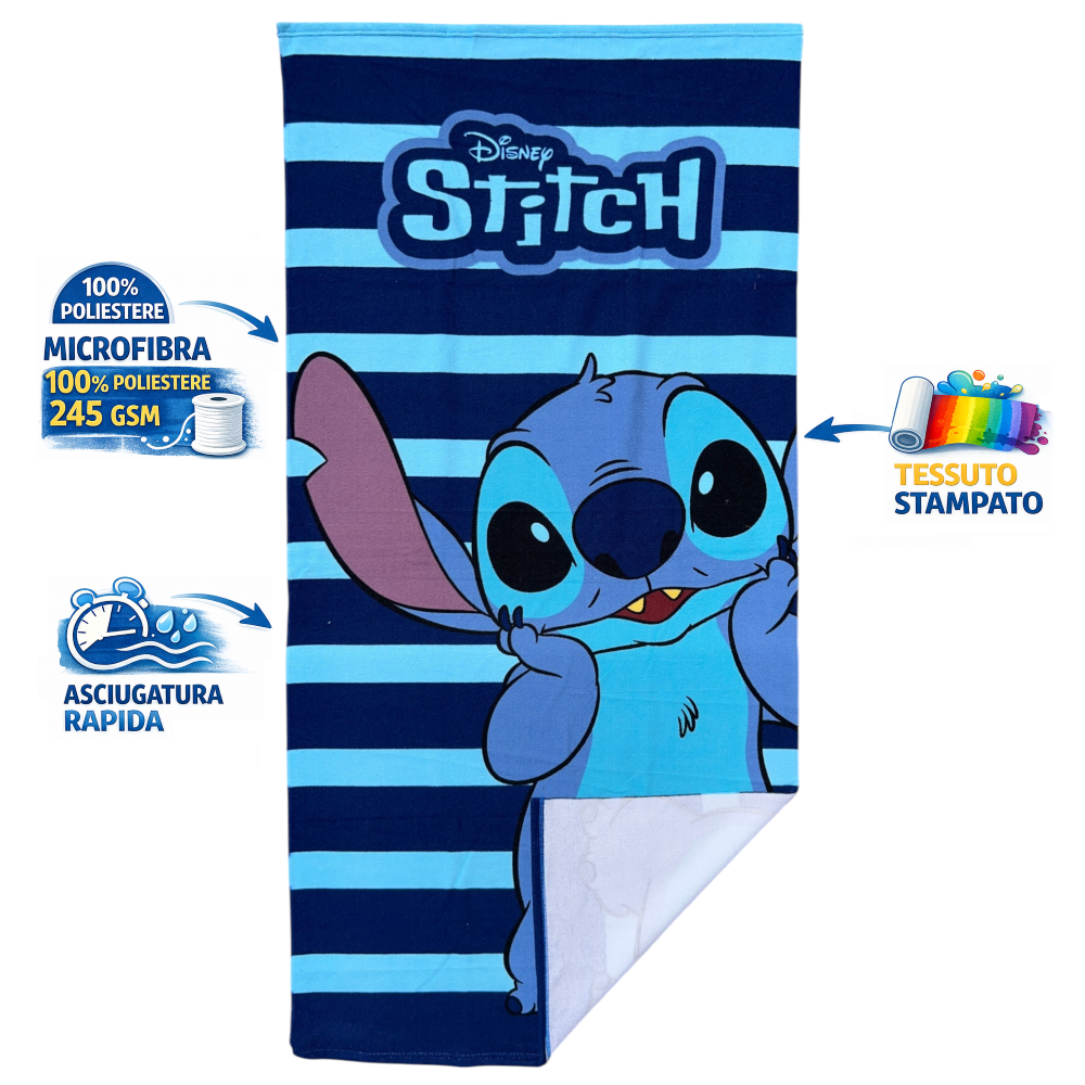 TELO MARE STITCH DISNEY ASCIUGAMANO PER BAMBINI IN MICROFIBRA CM 140X70 - JE14187AD