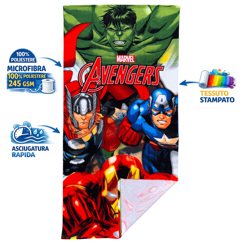 TELO MARE AVENGERS MARVEL ASCIUGAMANO PER BAMBINI IN MICROFIBRA CM 140X70 - JE14185AD