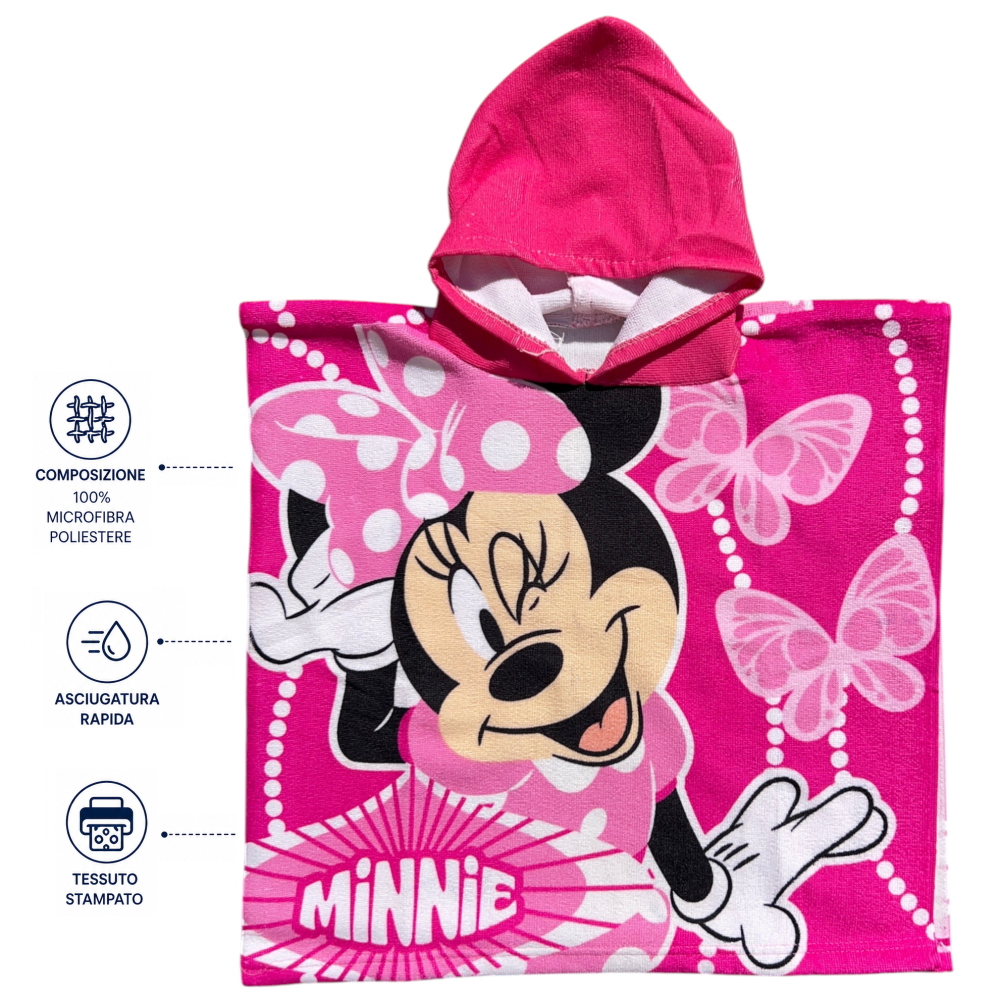 PONCHO MARE MINNIE DISNEY 100 X 50 CM ACCAPPATOIO PER BAMBINI 100% PL - MIN2063