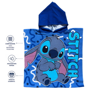 PONCHO MARE STITCH DISNEY 100 X 50 CM ACCAPPATOIO PER BAMBINI 100% PL - STI2075