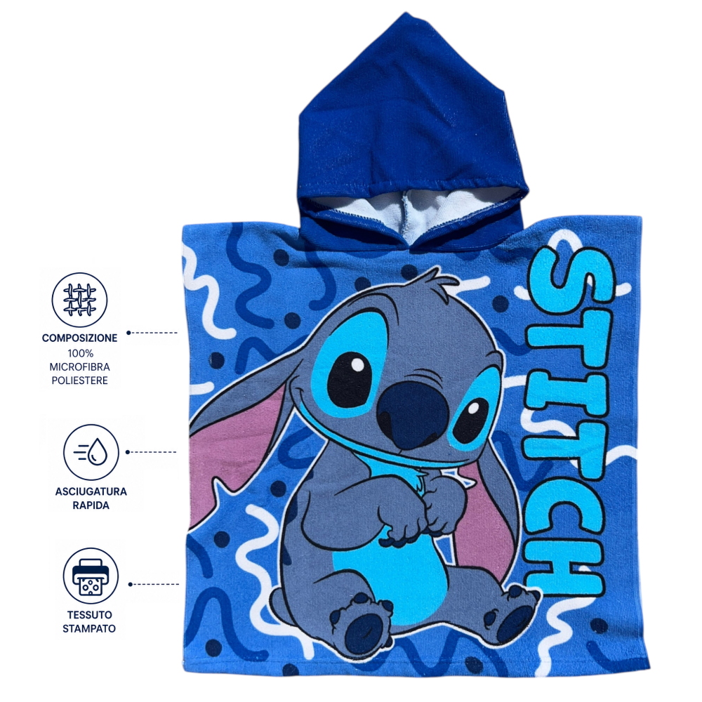 PONCHO MARE STITCH DISNEY 100 X 50 CM ACCAPPATOIO PER BAMBINI 100% PL - STI2075