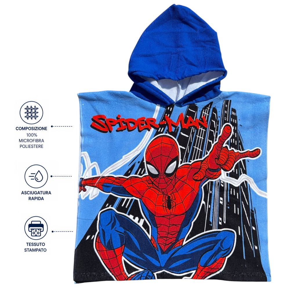 PONCHO MARE SPIDERMAN MARVEL 100 X 50 CM ACCAPPATOIO PER BAMBINI 100% PL - SPM2059