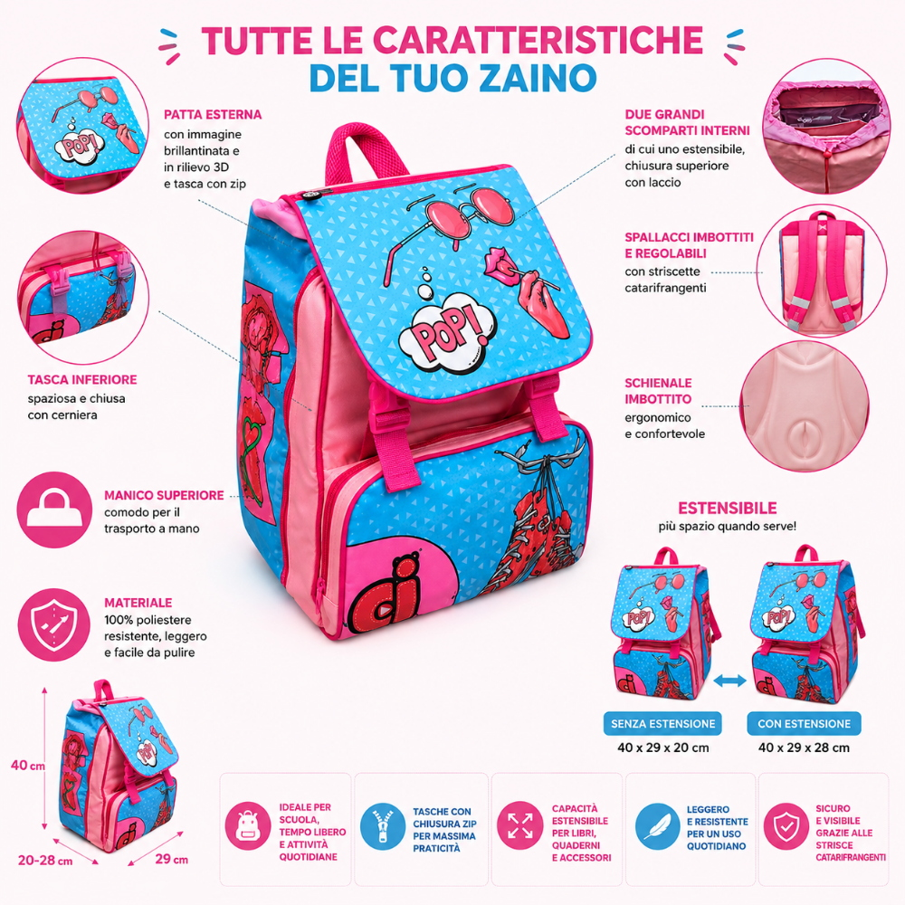 ZAINO FACCINE BAMBINA ESTENSIBILE BORSA SCUOLA ELEMENTARE CM. 40X29X28 - CJ0450B