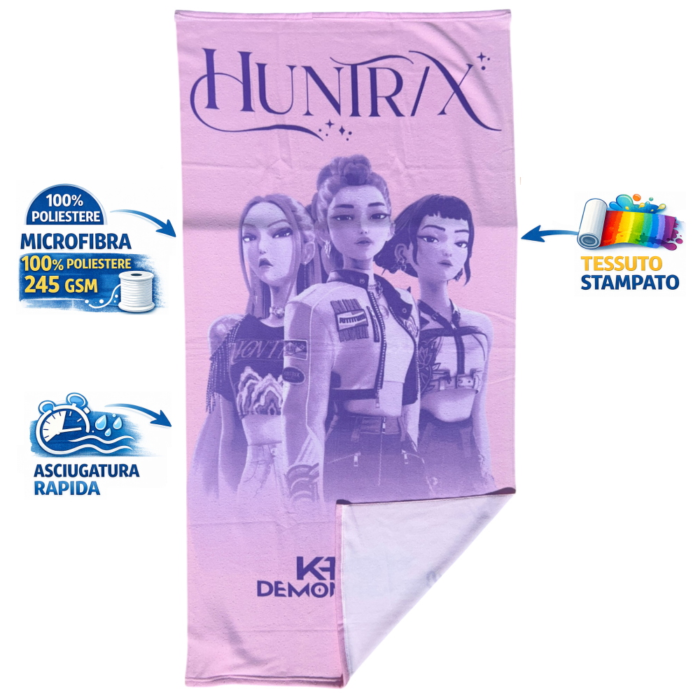 TELO MARE K-POP DEMON HUNTERS HUNTRIX ASCIUGAMANO PER BAMBINI IN MICROFIBRA CM 140X70 - KDH2383