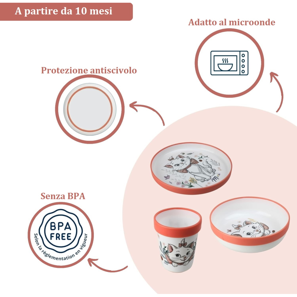 SET PAPPA MARIE DISNEY 3 PEZZI STOVIGLIE IN PLASTICA CON SILICONE ANTISCIVOLO ADATTA AL MICROONDE- 86664