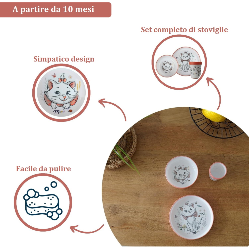 SET PAPPA MARIE DISNEY 3 PEZZI STOVIGLIE IN PLASTICA CON SILICONE ANTISCIVOLO ADATTA AL MICROONDE- 86664