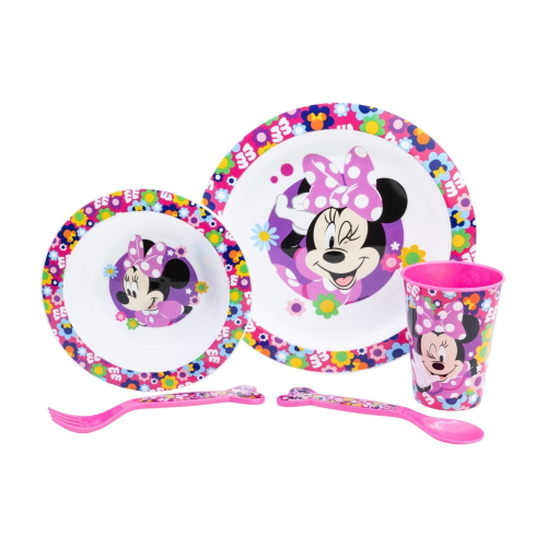 SET PAPPA 5 PEZZI MINNIE DISNEY IN PLASTICA ADATTA AL MICROONDE PIATTI BICCHIERE POSATE  - ST81250