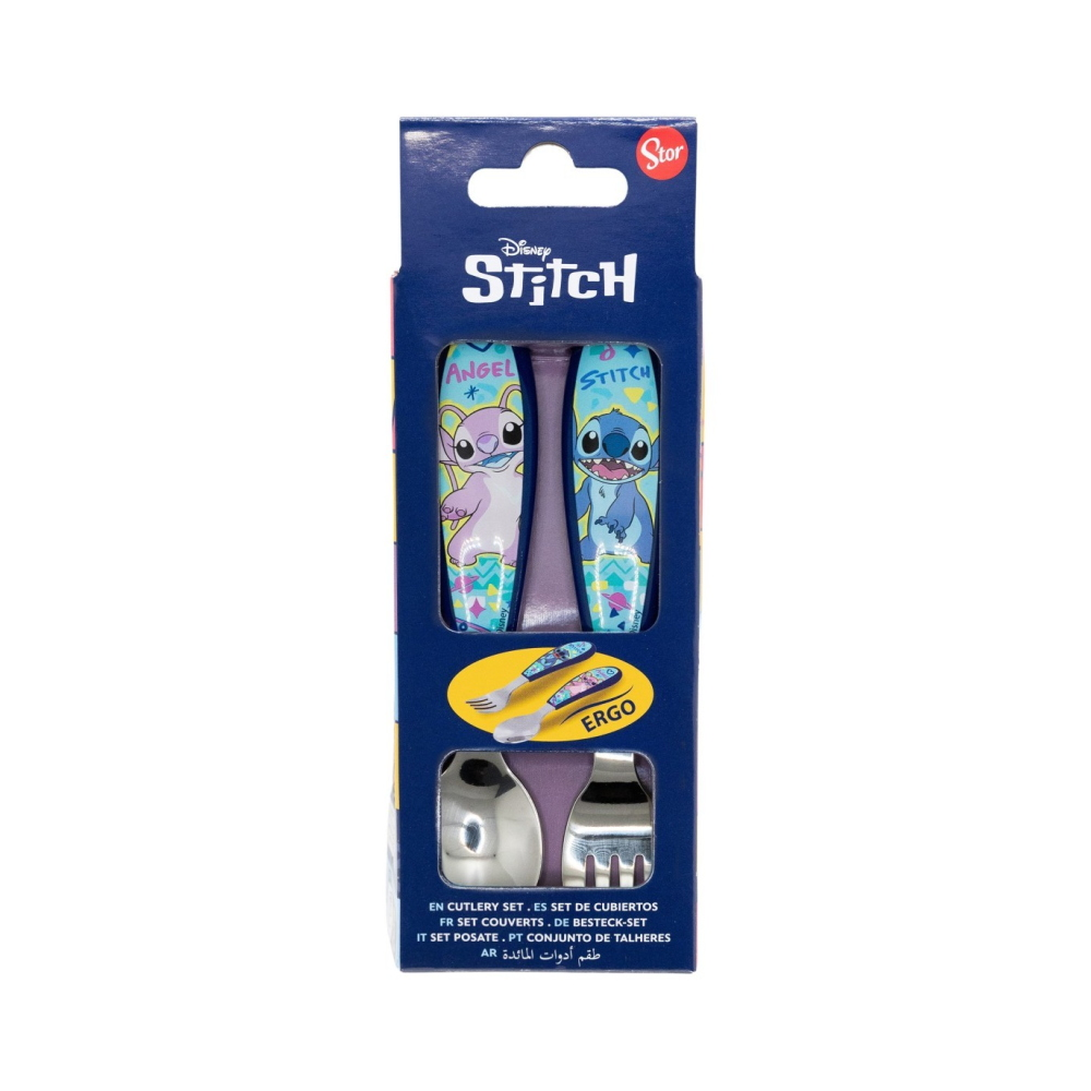 POSATE STITCH E ANGEL DISNEY FORCHETTA E CUCCHIAIO IN ACCIAIO INOX MANICO ERGONOMICO- ST75068