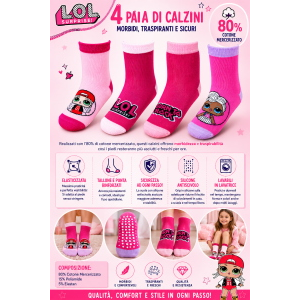 CALZINI ANTISCIVOLO LOL SURPRISE IN COTONE MERCERIZZATO 4 PAIA 31/34 - LOL2605/MIX34