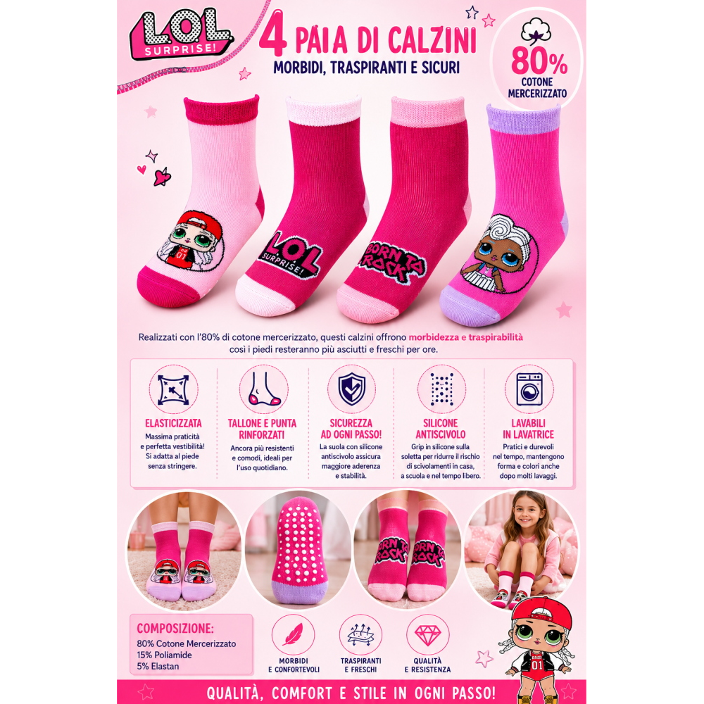 CALZINI ANTISCIVOLO LOL SURPRISE IN COTONE MERCERIZZATO 4 PAIA 31/34 - LOL2605/MIX34