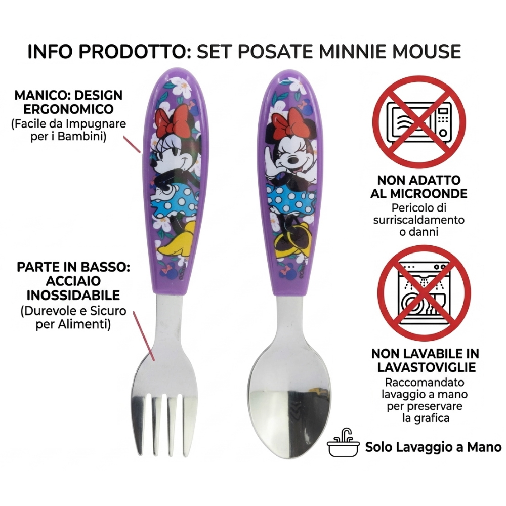 POSATE MINNIE DISNEY FORCHETTA E CUCCHIAIO IN ACCIAIO INOX MANICO ERGONOMICO- ST81218