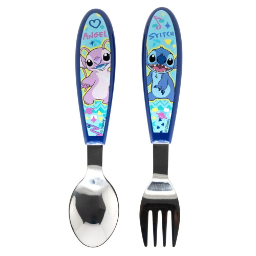 POSATE STITCH E ANGEL DISNEY FORCHETTA E CUCCHIAIO IN ACCIAIO INOX MANICO ERGONOMICO- ST75068