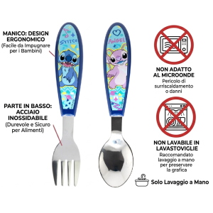 POSATE STITCH E ANGEL DISNEY FORCHETTA E CUCCHIAIO IN ACCIAIO INOX MANICO ERGONOMICO- ST75068