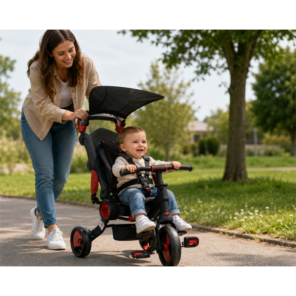 Triciclo Galileo - Bicicletta Passeggino Evolutivo - Pieghevole - 4 in 1 - Nero e Rosso - Età 1/3 Anni - 50516