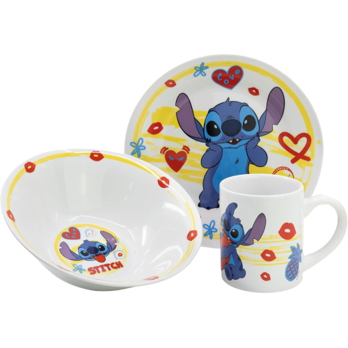 SET 3 PEZZI IN CERAMICA STITCH DISNEY TAZZA CIOTOLA PIATTO STOVIGLIE PER BAMBINI IN CONFEZIONE - 83055