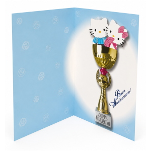 Biglietto Auguri Anniversario Hello Kitty con Coppa e Frase Originale