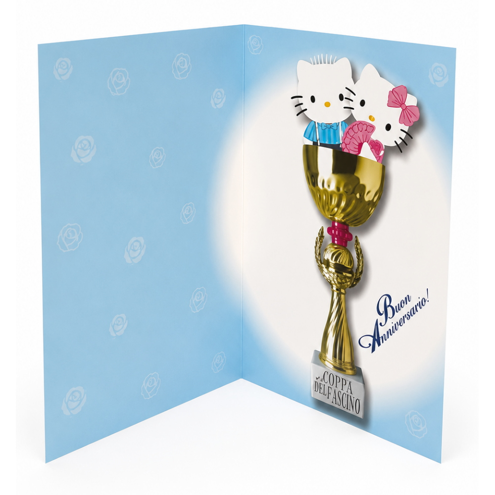 Biglietto Auguri Anniversario Hello Kitty con Coppa e Frase Originale