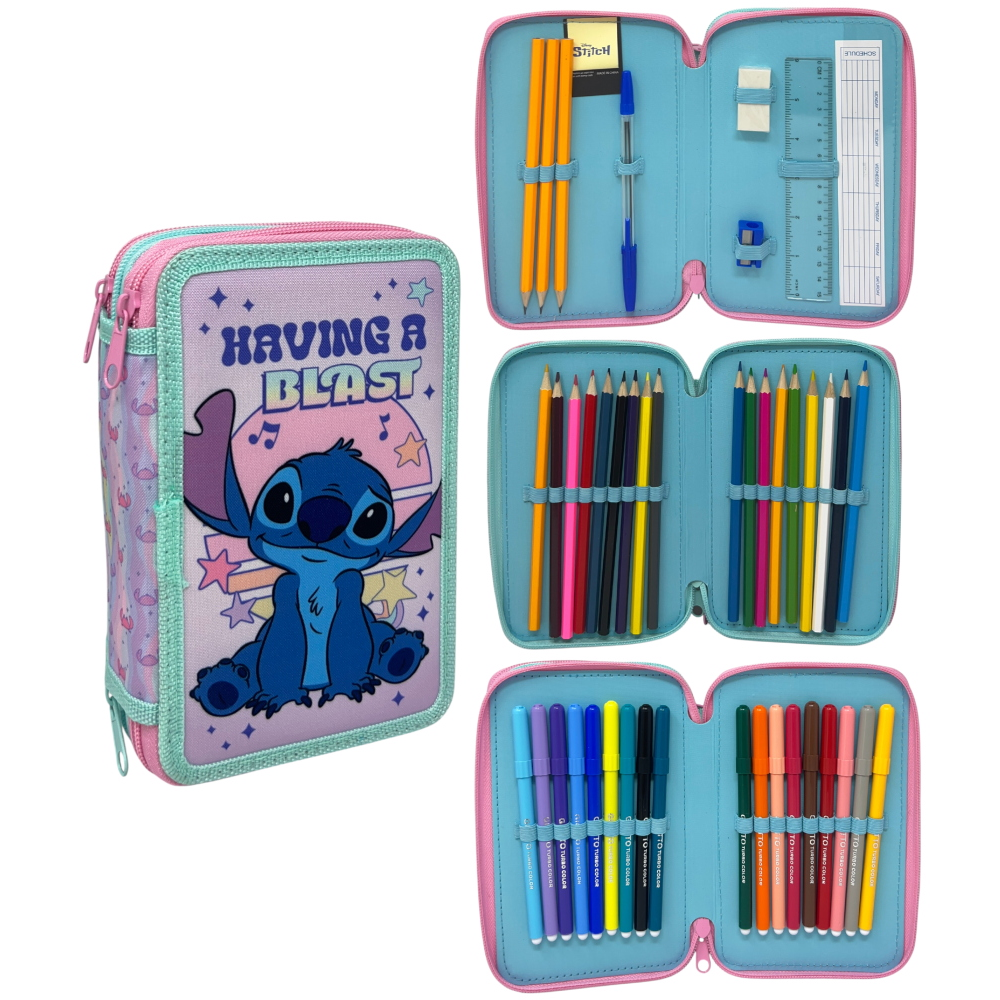 ASTUCCIO 3 ZIP SCUOLA STITCH DISNEY MULTISCOMPARTO PORTACOLORI GIOTTO - 8002833