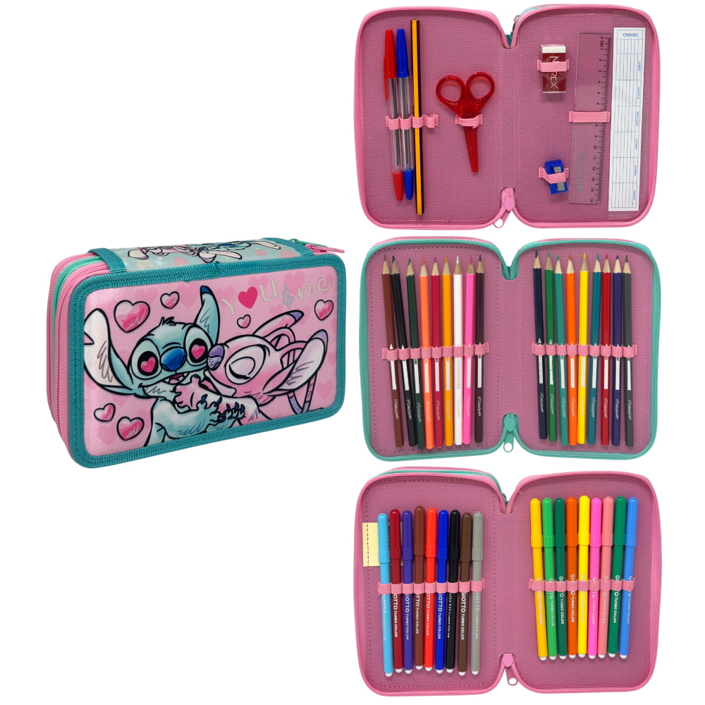 ASTUCCIO 3 ZIP SCUOLA STITCH DISNEY MULTISCOMPARTO PORTACOLORI GIOTTO - 1004E5292