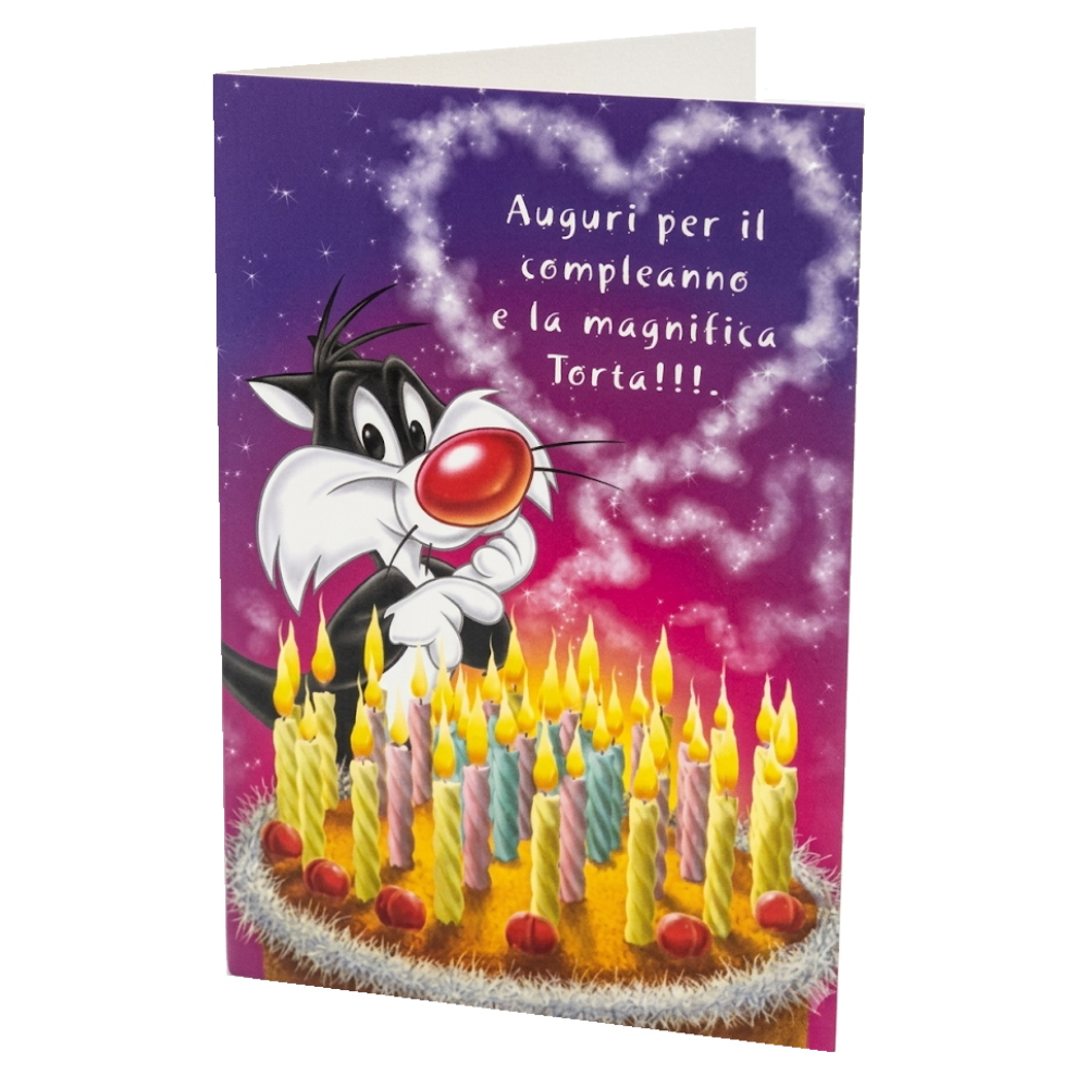 Biglietto Auguri Compleanno Divertente con Silvestro e Torta Spiritosa