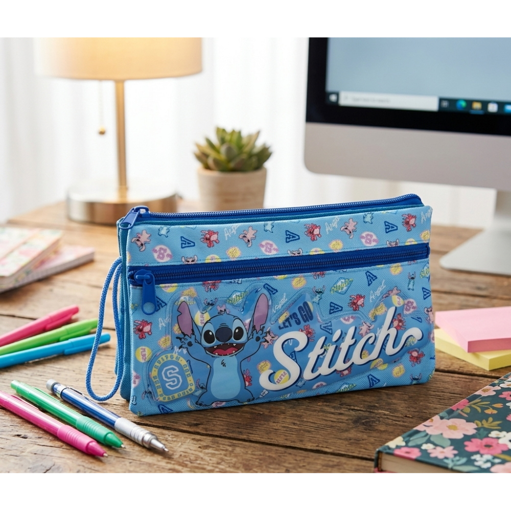 TOMBOLINO STITCH DISNEY 3 SCOMPARTI BUSTINA ASTUCCIO PORTACOLORI 22 CM - LST1337-B