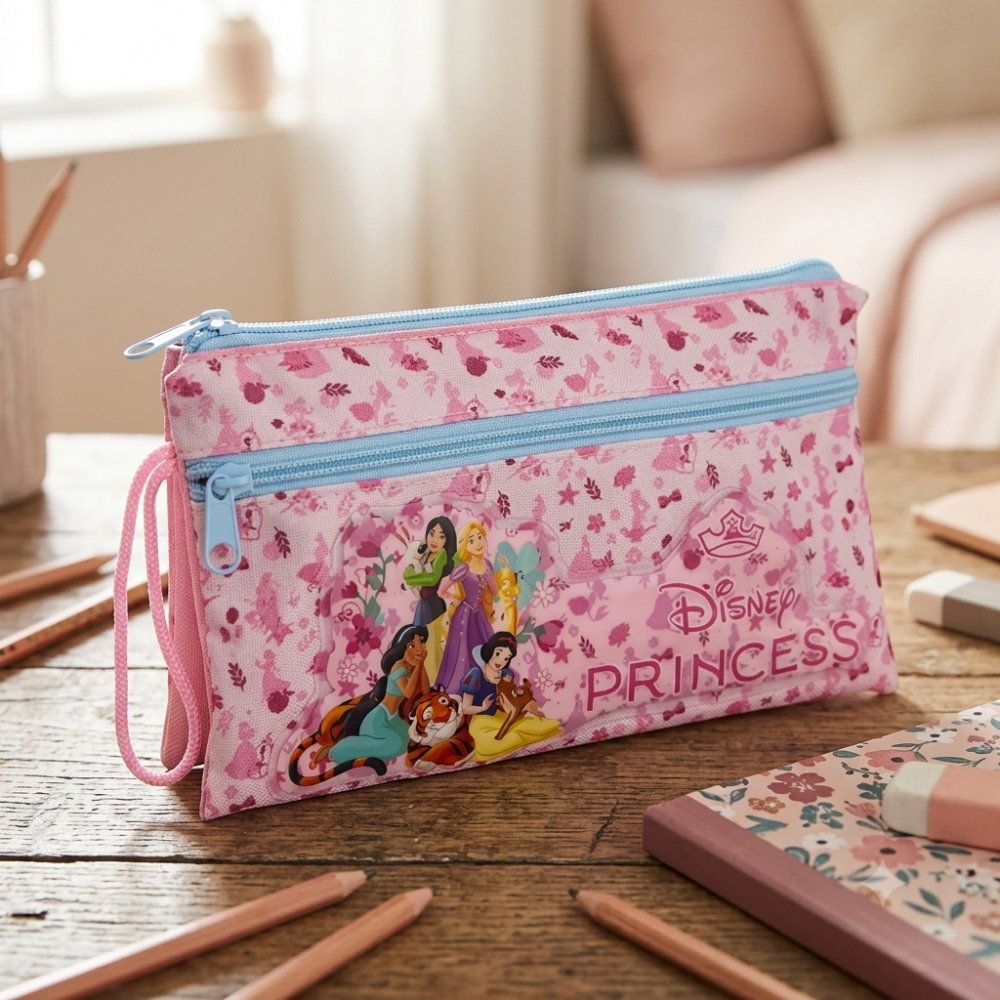 TOMBOLINO PRINCIPESSE DISNEY 3 SCOMPARTI BUSTINA ASTUCCIO PORTACOLORI 22 CM - PR1337
