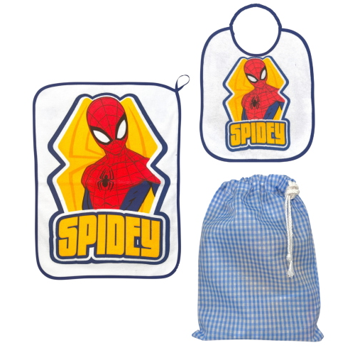 SET ASILO 3 PEZZI SPIDERMAN MARVEL BAVETTA CON ELASTICO TOVAGLIETTA SACCA - SPI0940