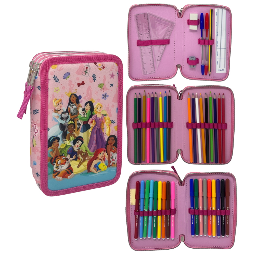 ASTUCCIO MULTISCOMPARTO PRINCIPESSE DISNEY 3 ZIP PER LA SCUOLA PORTACOLORI GIOTTO - PRI37-6472