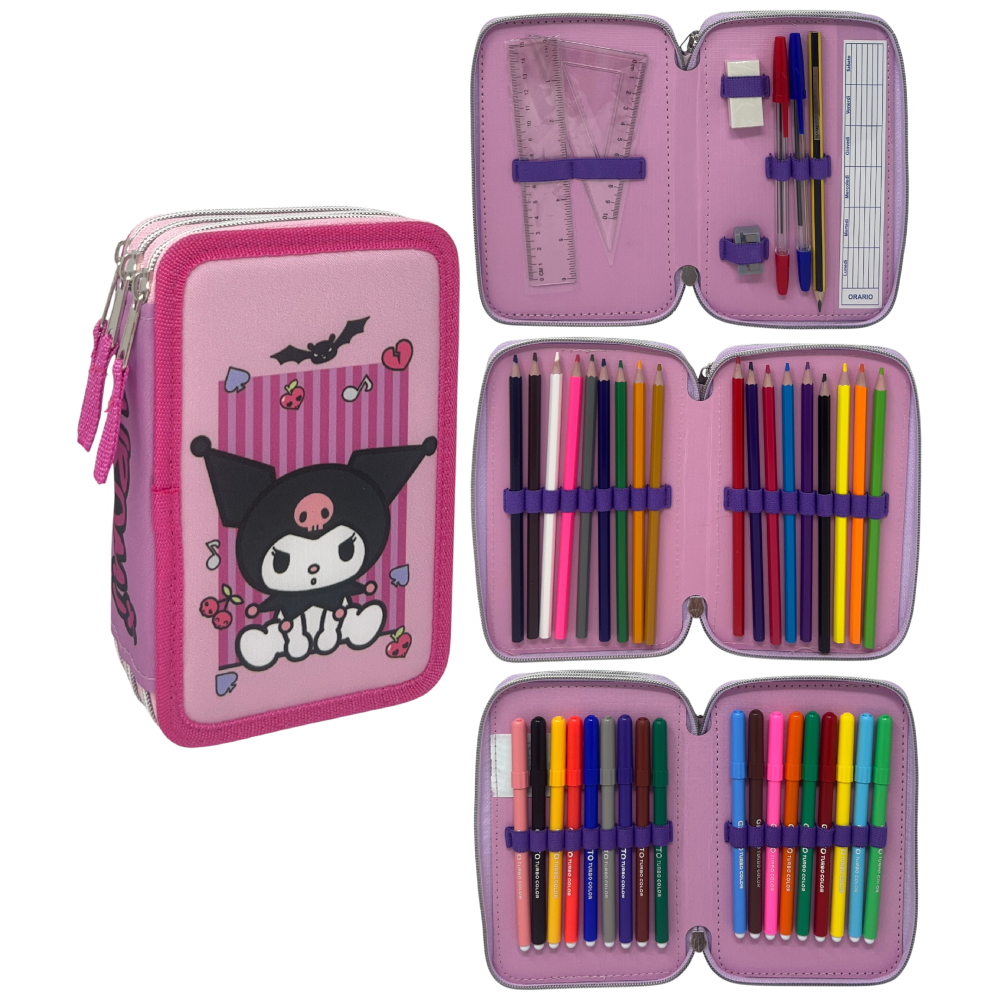 ASTUCCIO MULTISCOMPARTO KUROMI SANRIO 3 ZIP PER LA SCUOLA PORTACOLORI GIOTTO - HK37-6471