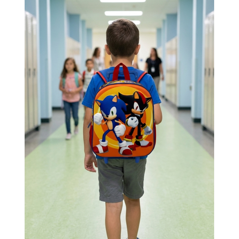 ZAINO ASILO TROLLEY 3D SONIC THE HEDGEHOG ZAINETTO 34 CM CON CARRELLO PER SCUOLA MATERNA - 09604