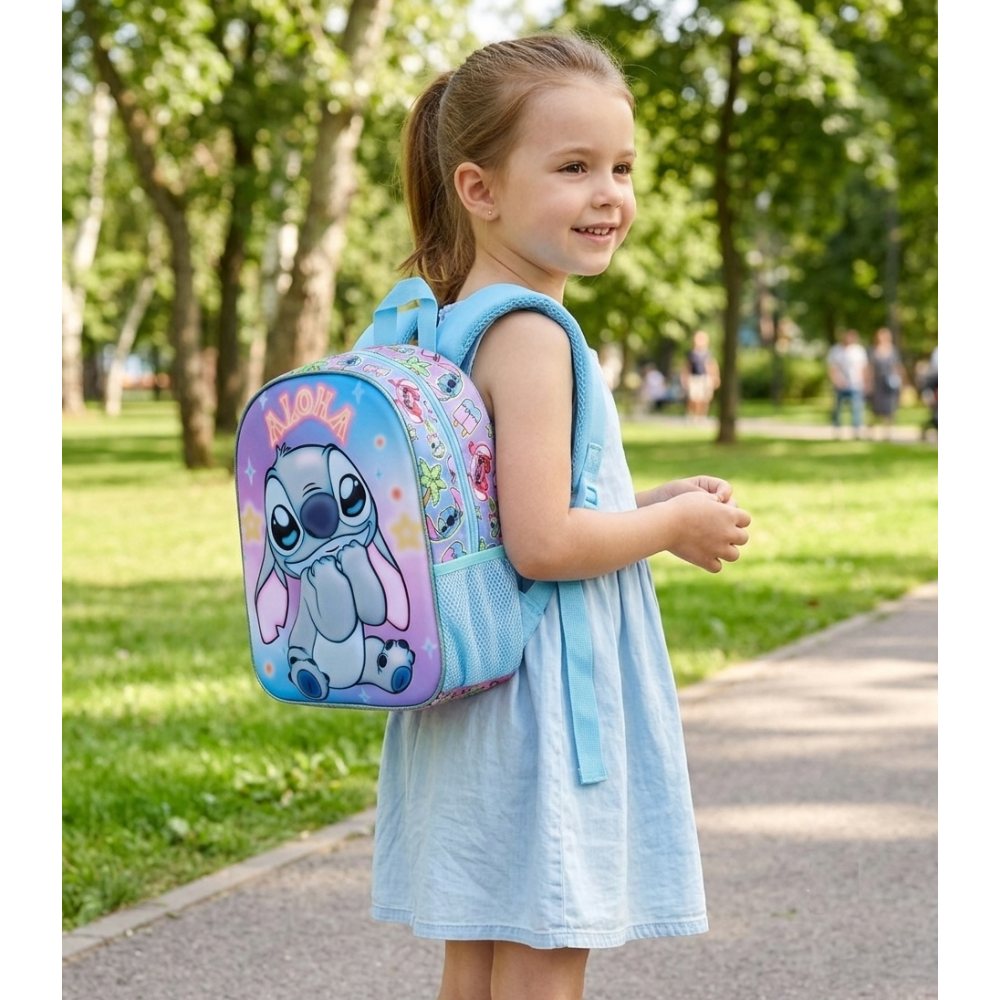 ZAINO ASILO 3D STITCH DISNEY BORSA 31 CM CON SPALLACCI IMBOTTITI E TASCA LATERALE - 09620