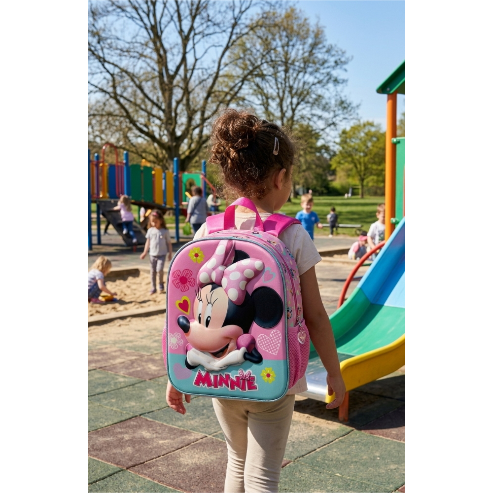 ZAINO ASILO 3D MINNIE MOUSE DISNEY BORSA 31 CM CON CHARM CUORE E TASCA LATERALE - 09528