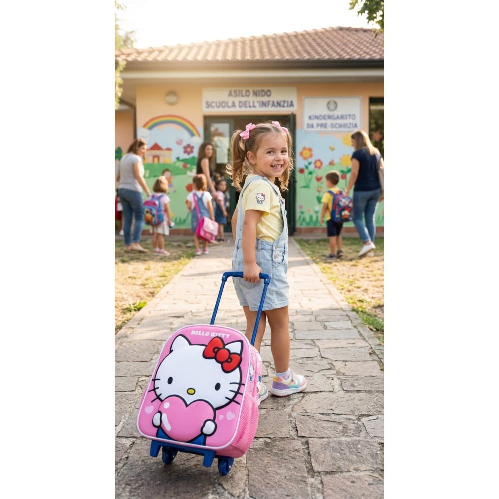 ZAINO ASILO TROLLEY 3D HELLO KITTY SANRIO 34 CM CON SPALLACCI E CARRELLO- 09609 