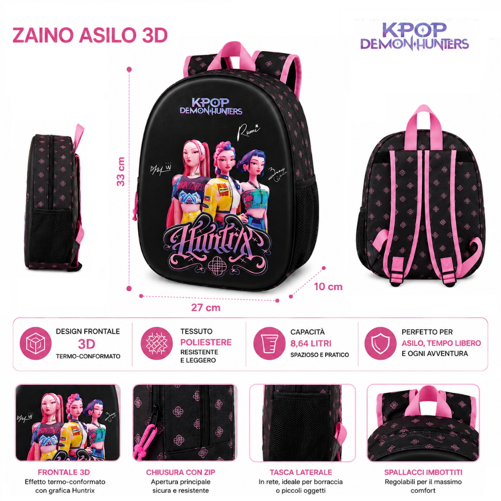 ZAINO ASILO 3D KPOP DEMON HUNTERS HUNTRIX BORSA 33 CM CON TASCA LATERALE - 64267589