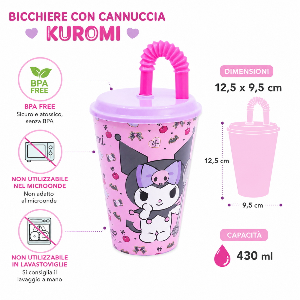 BICCHIERE CON CANNUCCIA KUROMI SANRIO IN PLASTICA RIUTILIZZABILE SEMIRIGIDA ML.430 - ST88330