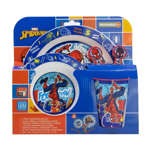 SET PAPPA 5 PEZZI SPIDERMAN MARVEL PIATTI BICCHIERE POSATE IN PLASTICA RIGIDA RIUTILIZZABILE IN CONFEZIONE - ST83550