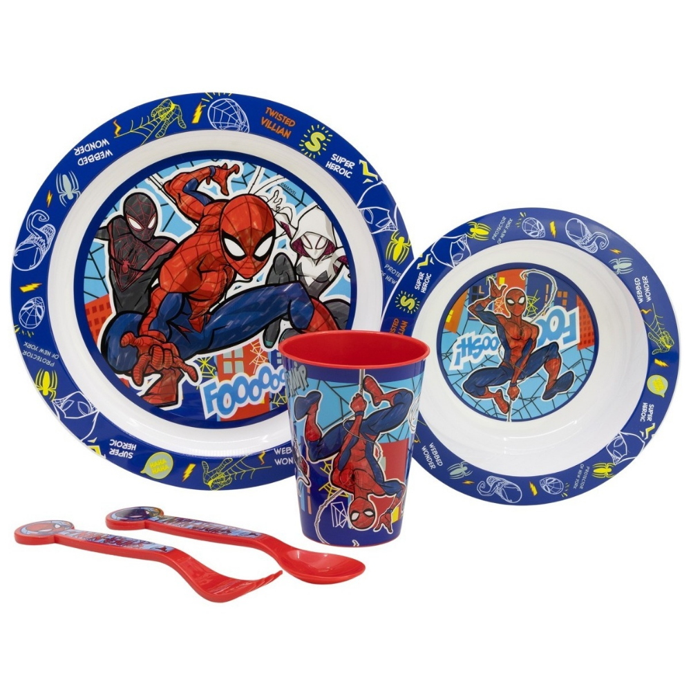 SET PAPPA 5 PEZZI SPIDERMAN MARVEL PIATTI BICCHIERE POSATE IN PLASTICA RIGIDA RIUTILIZZABILE IN CONFEZIONE - ST83550