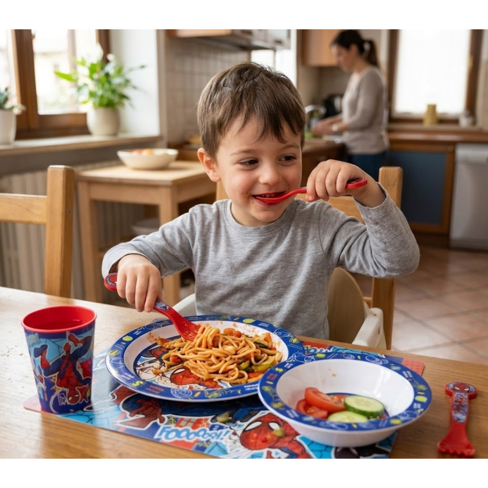 SET PAPPA 5 PEZZI SPIDERMAN MARVEL PIATTI BICCHIERE POSATE IN PLASTICA RIGIDA RIUTILIZZABILE IN CONFEZIONE - ST83550