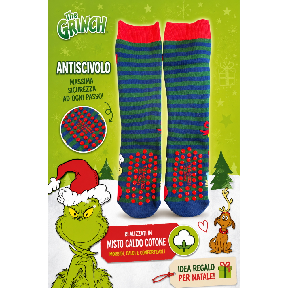 CALZINI ANTISCIVOLO INVERNALI GRINCH PER ADULTI CALZE IN MISTO CALDO COTONE TAGLIA UNICA - E13884MC
