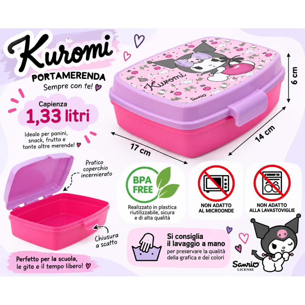 PORTAMERENDA KUROMI SANRIO PORTA PRANZO SCUOLA TEMPO LIBERO CM 17X14X6 - ST88374