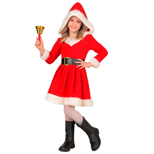 COSTUME MISS SANTA VESTITO CON CAPPUCCIO TRAVESTIMENTO RECITE NATALE COSPLAY - 9351
